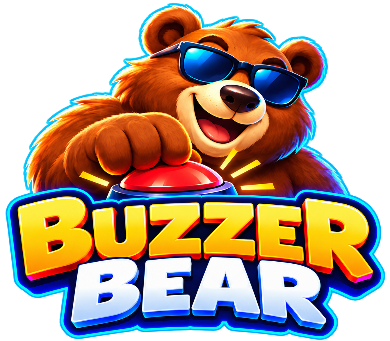 Buzzer Bear, a smiling bear with sunglasses and a red buzzer